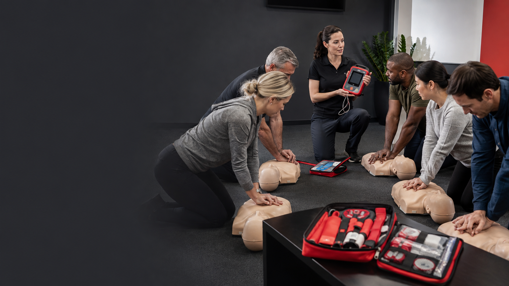 Adults practicing CPR and learning to use an AED in a hands-on class